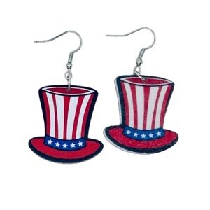 USA Patriotic Top Hat Earhook Earrings Americana